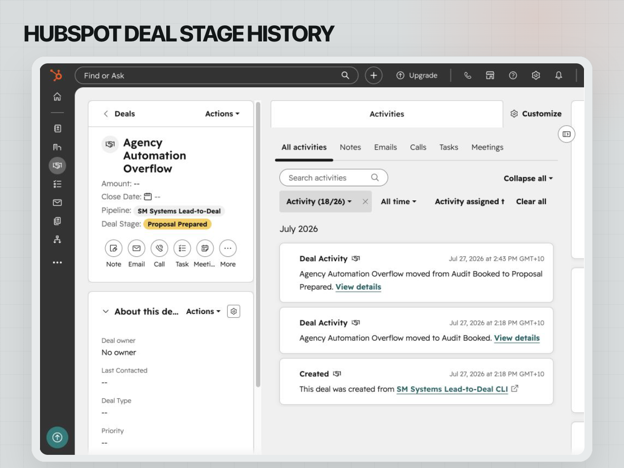 HubSpot deal activity showing controlled stage movement from Audit Booked to Proposal Prepared.