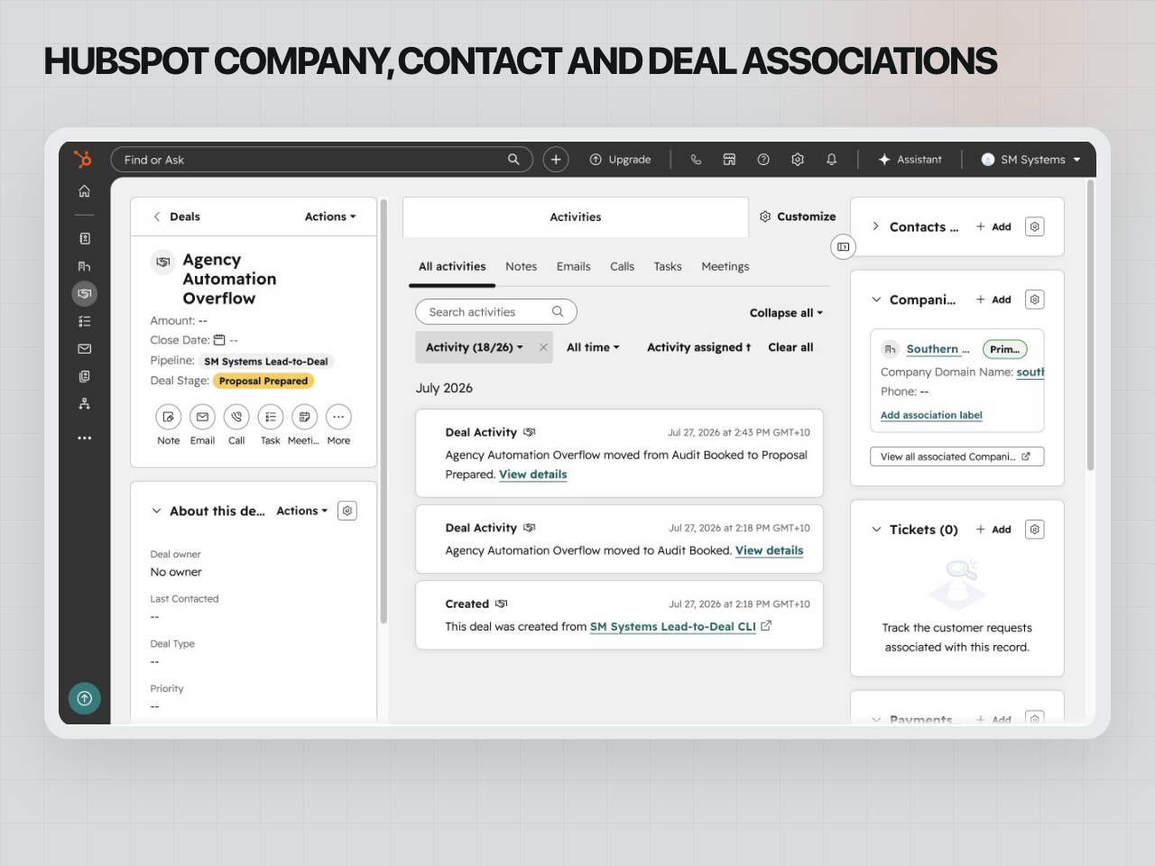 HubSpot deal view showing the associated company and contact records for a controlled commissioning deal.