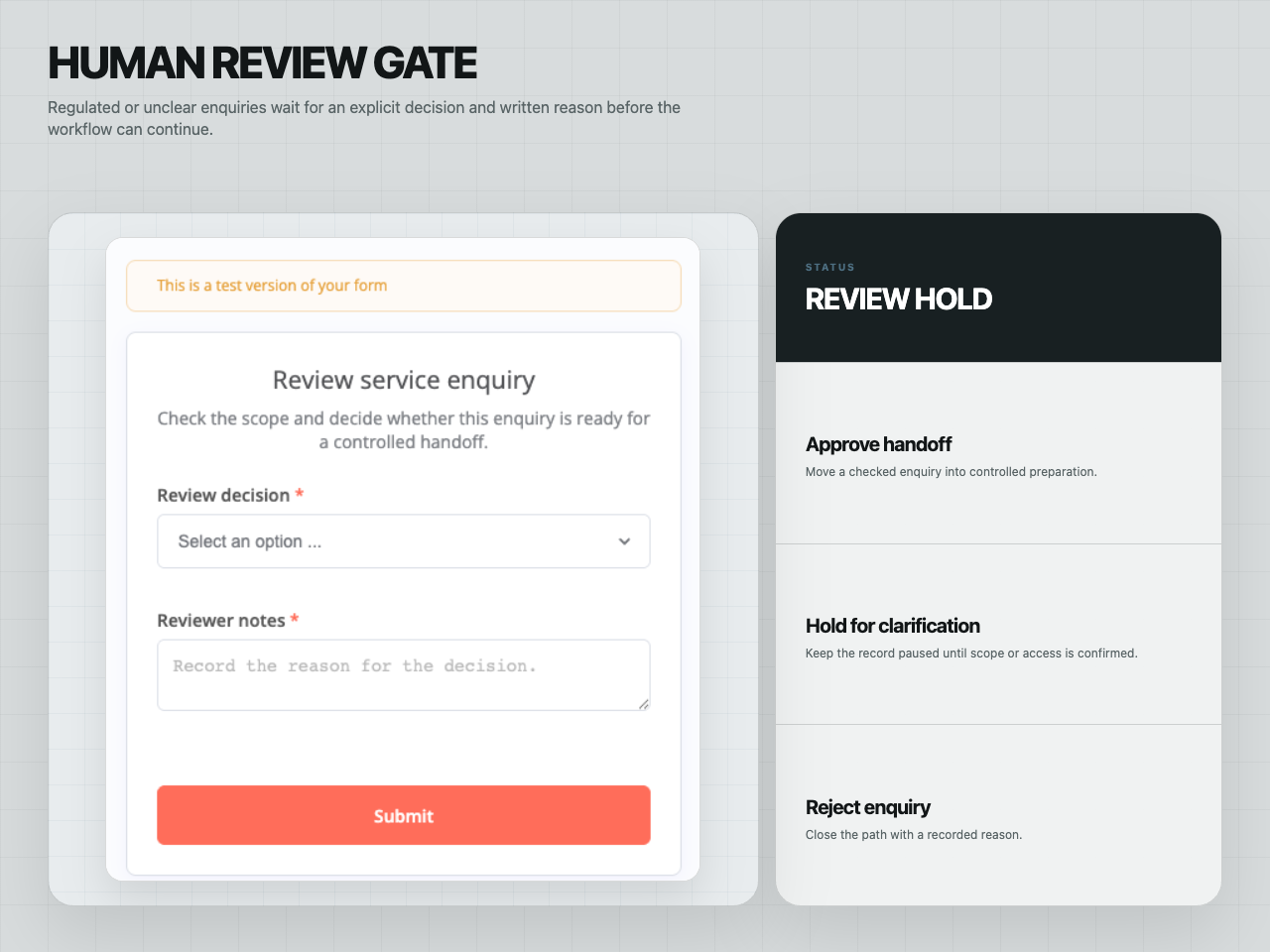 Native n8n human review form with approve, hold, and reject decision paths.
