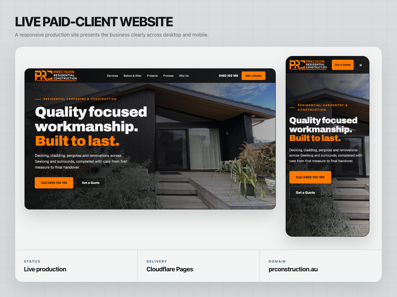 Responsive Precision Residential Construction website shown on desktop and mobile.