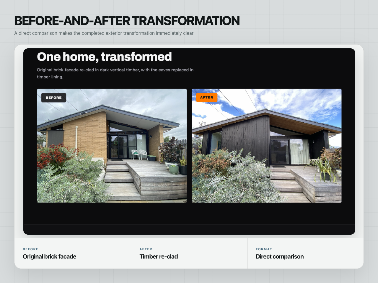 Precision Residential Construction before-and-after section comparing the original brick facade with the completed timber re-clad.