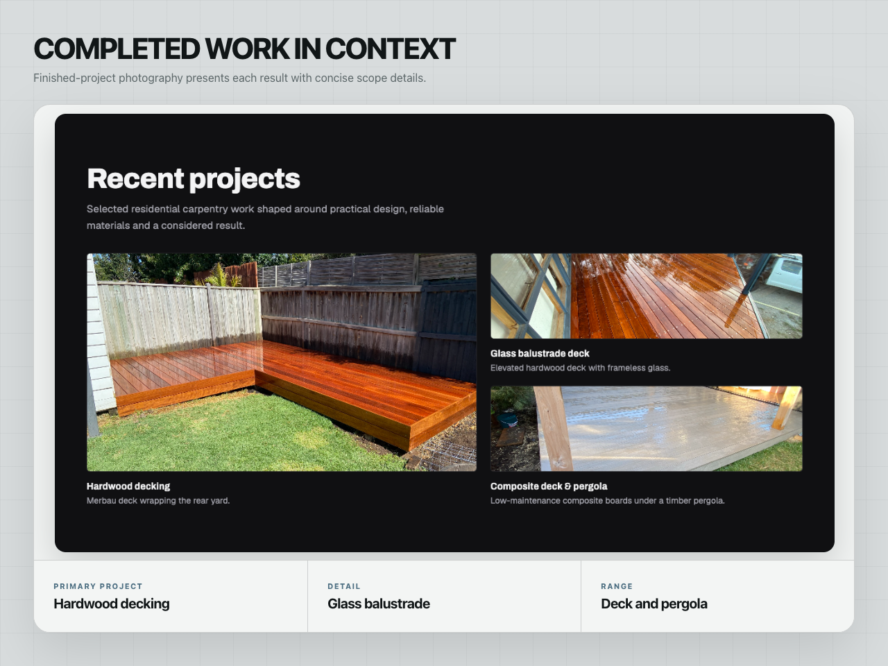 Precision Residential Construction recent projects gallery showing completed hardwood and glass-balustrade decking.