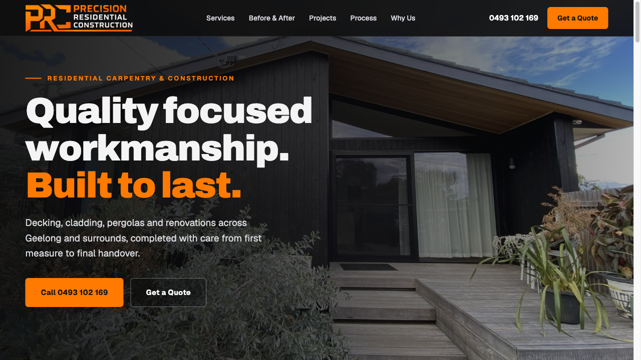 Precision Residential Construction homepage with service navigation, contact actions, and residential project photography.