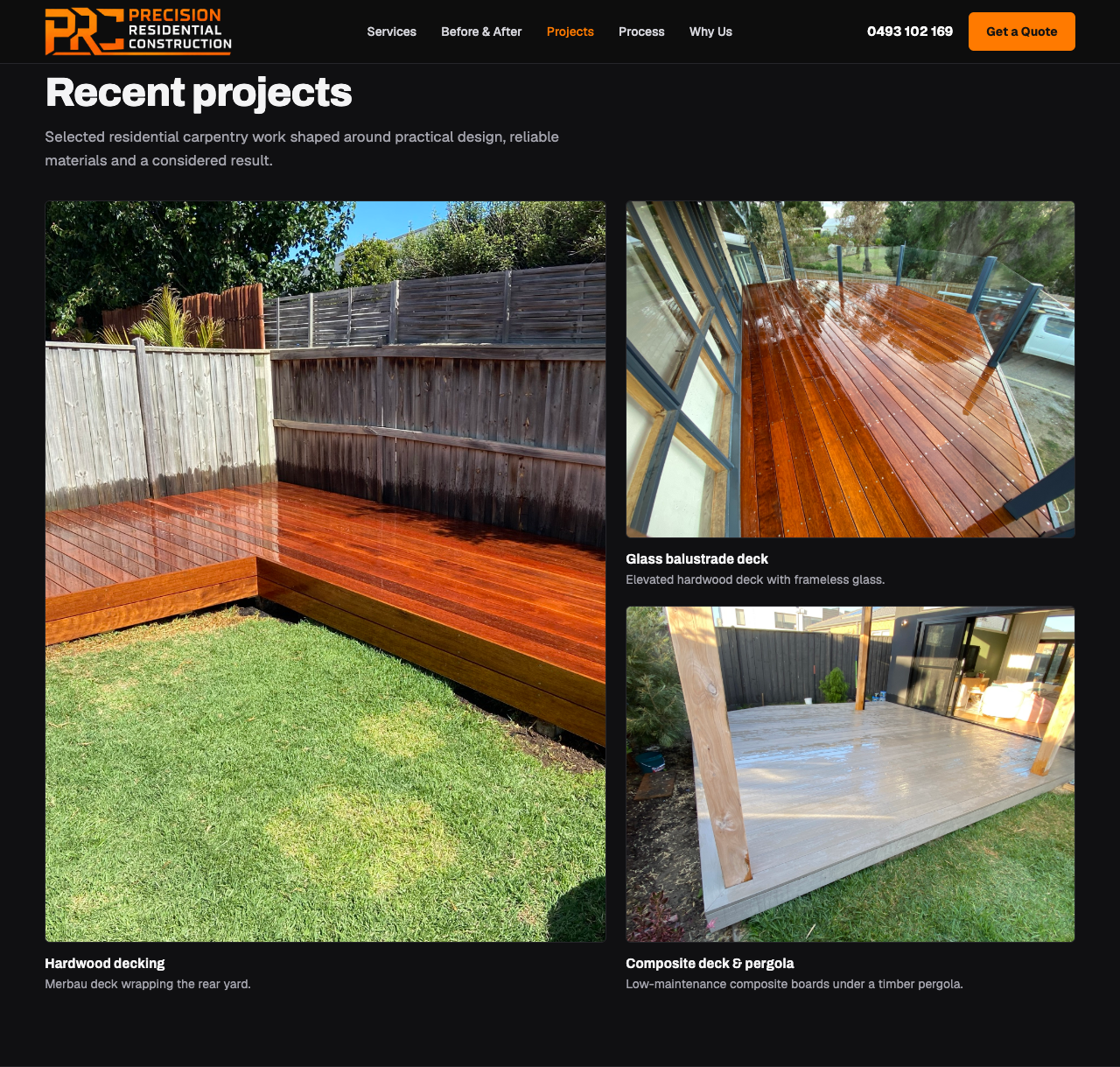 Precision Residential Construction recent projects gallery showing completed hardwood and glass-balustrade decking.