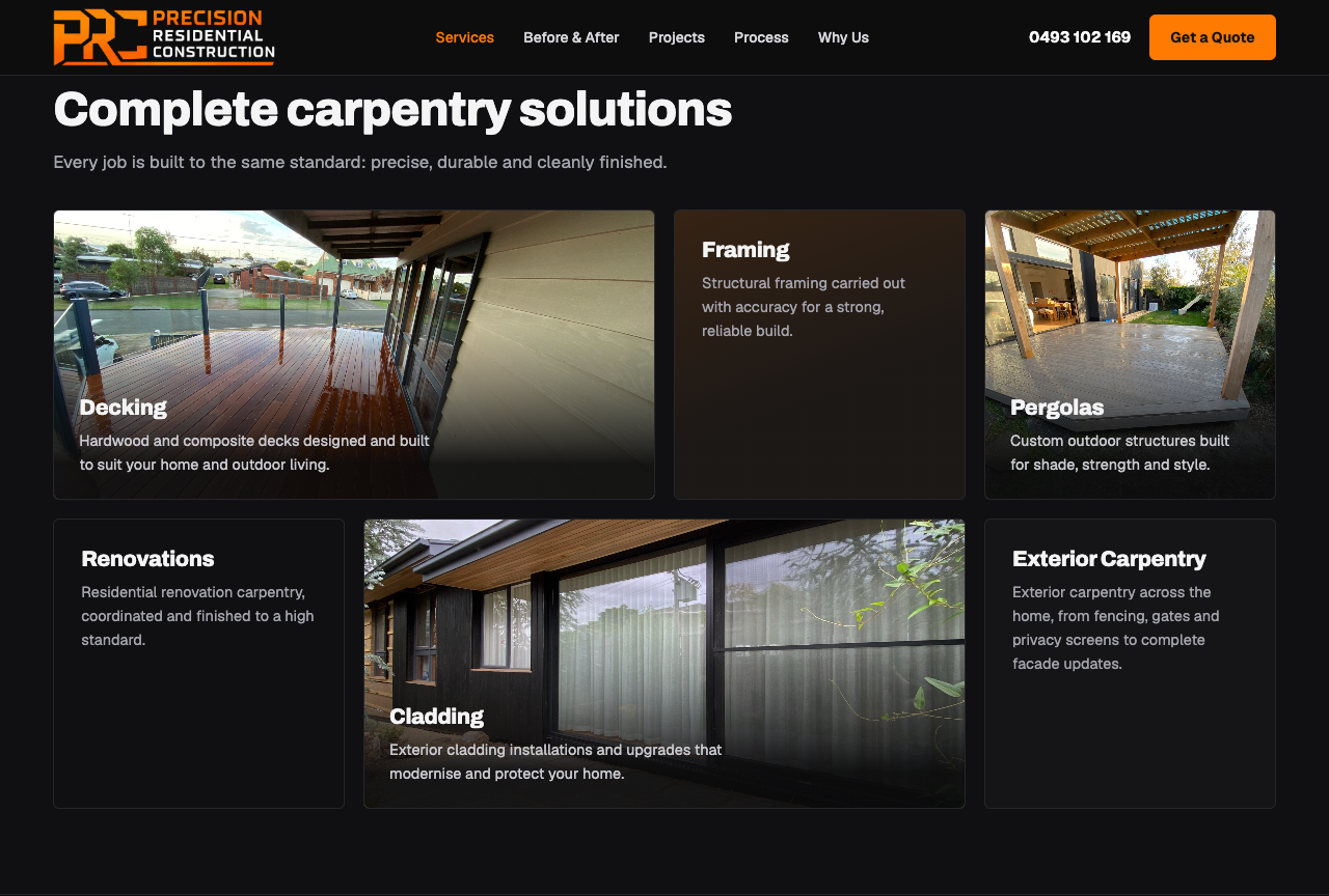 Precision Residential Construction services section showing decking, framing, pergolas, renovations, cladding, and exterior carpentry.