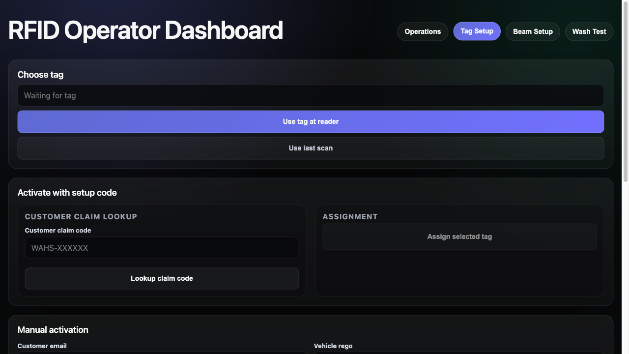 RFID operator dashboard Tag Setup workspace with tag selection, claim-code activation, and manual activation controls.